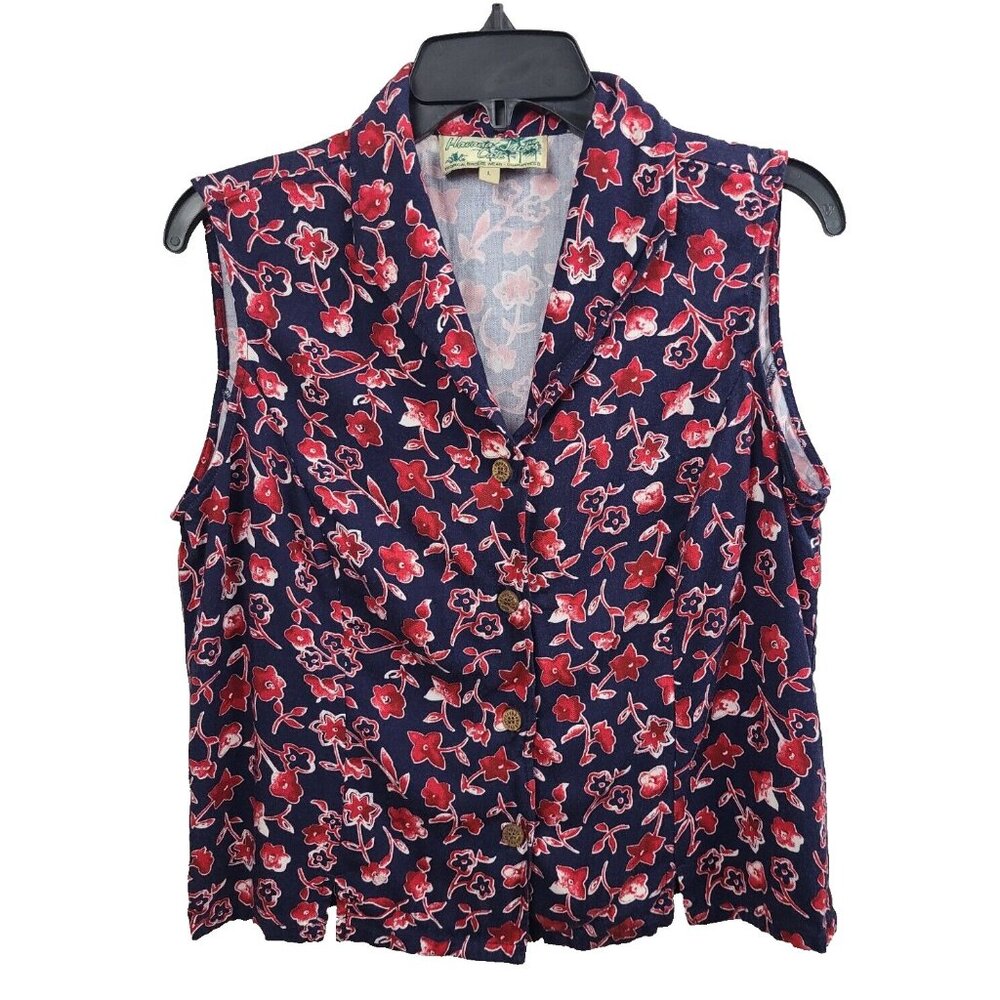 Havana Jack's Cafe Womens Shirt Large Navy Red Floral Sleeveless Button Up Beach